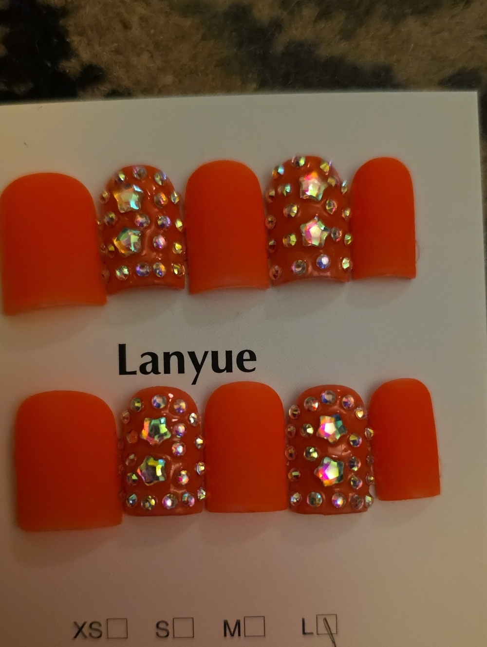 Orange Rhinestone Press-On Nail Set Size Large